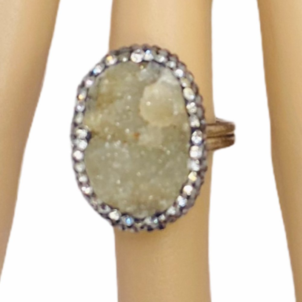 Natural Quartz Druzy Sparkling Cluster Ring 925 Silver Size 7.5
